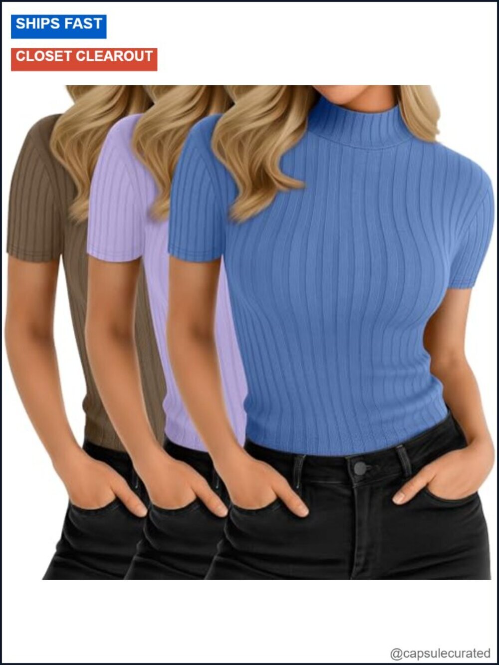 3-Pack Women Mock Turtleneck Short Sleeve Ribbed Cotton Spandex Slim Fit